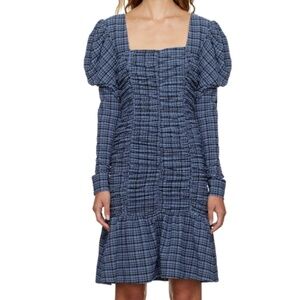 Ganni - Seersucker Black and Blue Checked Mini Dress